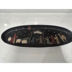 Donna White Nativity Scene Oval Tray‎ Unto Us A Child Is Born Black Christmas